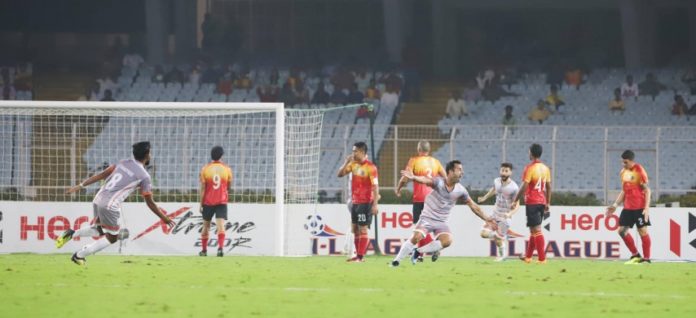 Chennai City FC players celebrate after scoring their first goal against East Bengal FC