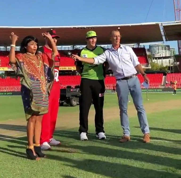 Watch: Epic fail as girl hits the cameraman during pre-match bat toss in the BBL