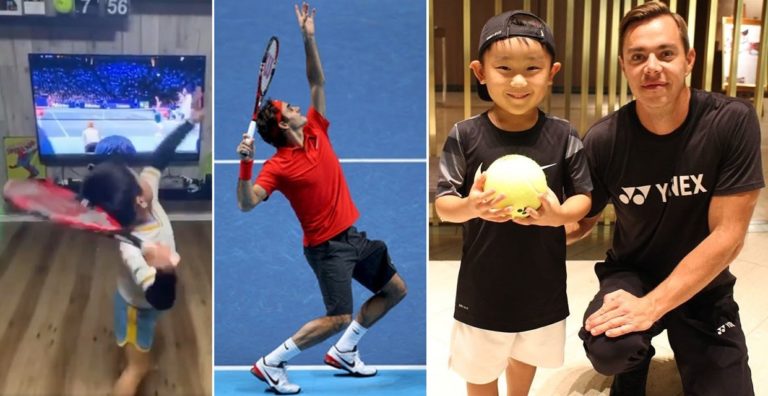 Watch: Incredible young kid mirrors Roger Federer’s footwork and shot-making by watching him on TV!