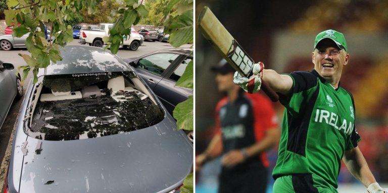 That’s a huge hit: Irish all-rounder Kevin O’Brien smashes six, breaks his own car window