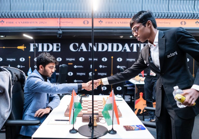 D Gukesh and R Praggnanandhaa at Candidates 2024